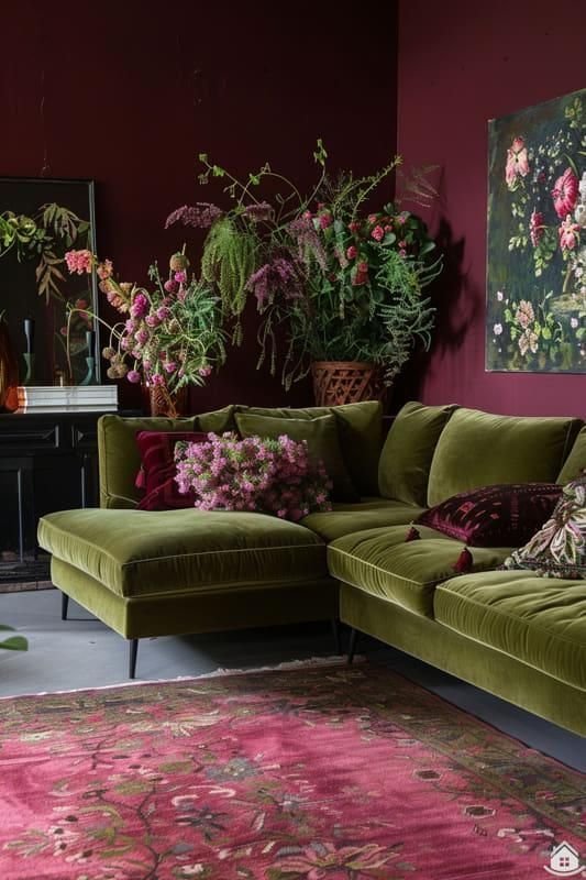 28 Green Velvet Sofa Living Room Ideas That Wow - 27. Colorful Eclecticism 1