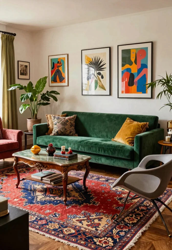 28 Green Velvet Sofa Living Room Ideas That Wow - 3. Eclectic Fusion 1