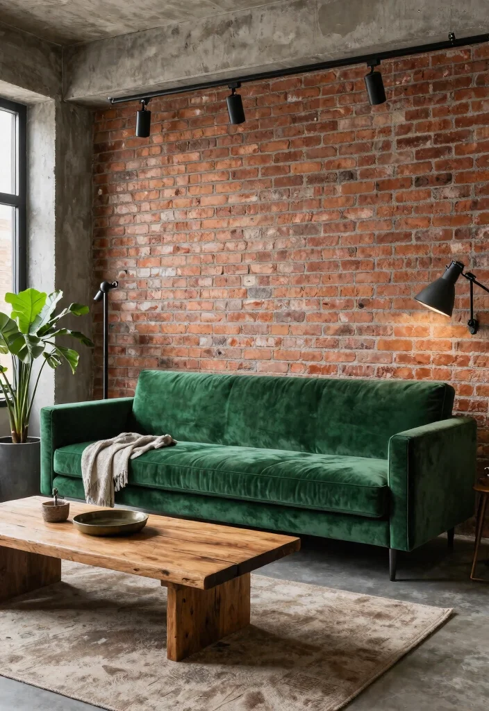 28 Green Velvet Sofa Living Room Ideas That Wow - 6. Industrial Edge 1