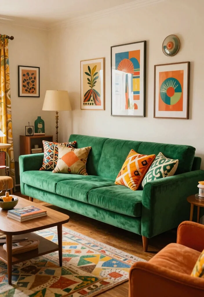 28 Green Velvet Sofa Living Room Ideas That Wow - 8. Retro Revival 1