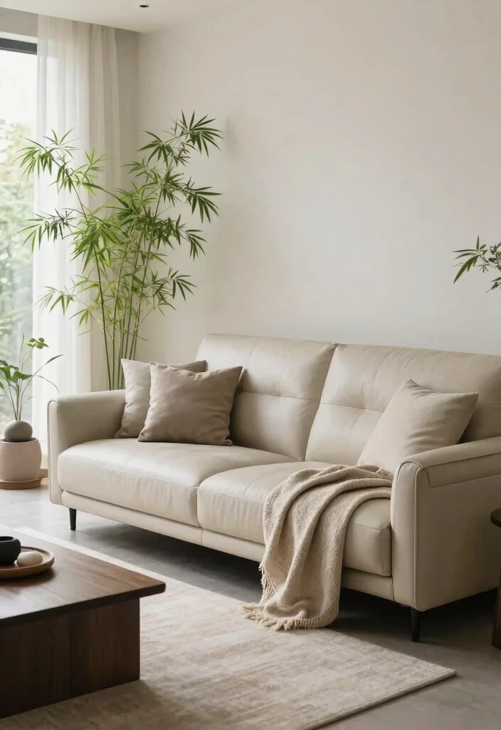 28 Leather Couch Living Room Ideas That Never Go Out of Style - 11. Zen Retreat with Minimalist Zen Decor 1