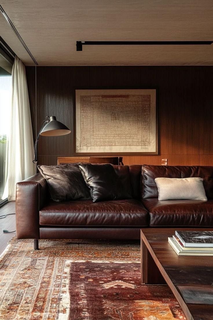 28 Leather Couch Living Room Ideas That Never Go Out of Style - 13. Textured Layering with Rich Fabrics 1