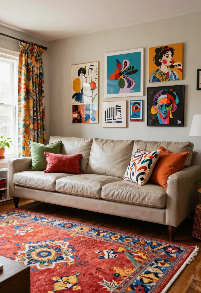 28 Leather Couch Living Room Ideas That Never Go Out of Style - 14. Colorful Prints and Patterns 1
