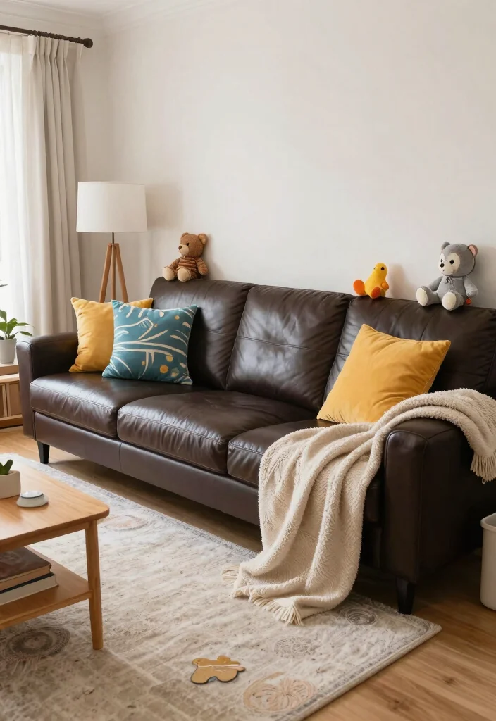 28 Leather Couch Living Room Ideas That Never Go Out of Style - 20. Child-Friendly Decor with a Leather Couch 1