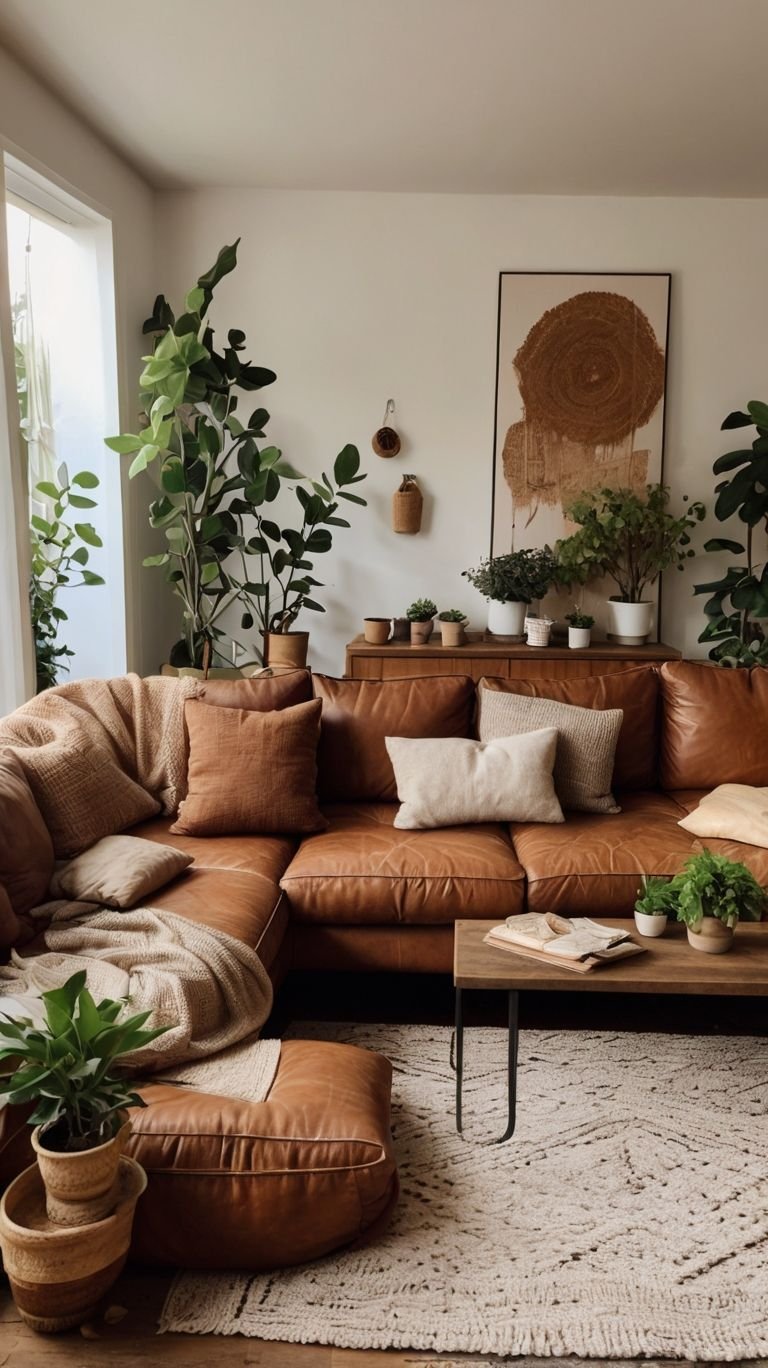 28 Leather Couch Living Room Ideas That Never Go Out of Style - 21. Textural Contrast with Smooth Surfaces 1