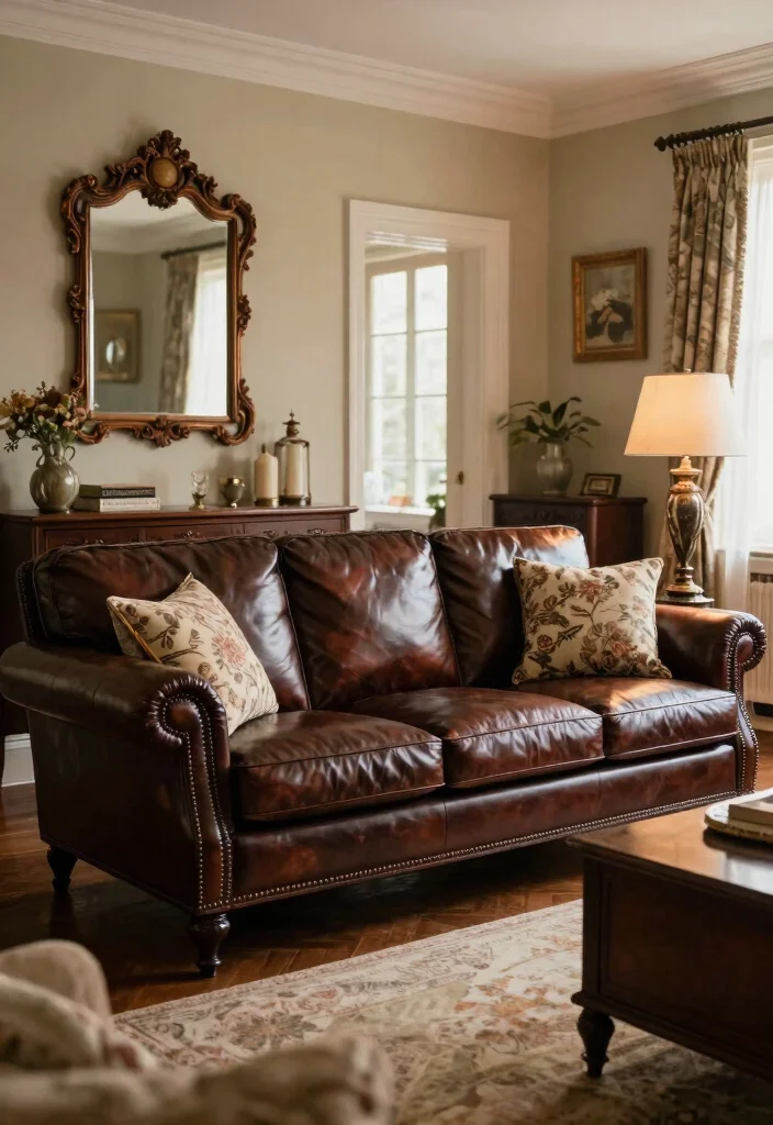 28 Leather Couch Living Room Ideas That Never Go Out of Style - 28. Timeless Elegance with Classic Decor 1