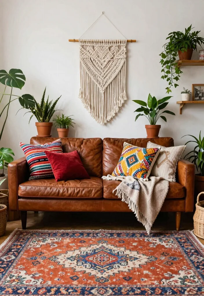 28 Leather Couch Living Room Ideas That Never Go Out of Style - 3. Bohemian Vibes with Eclectic Decor 1