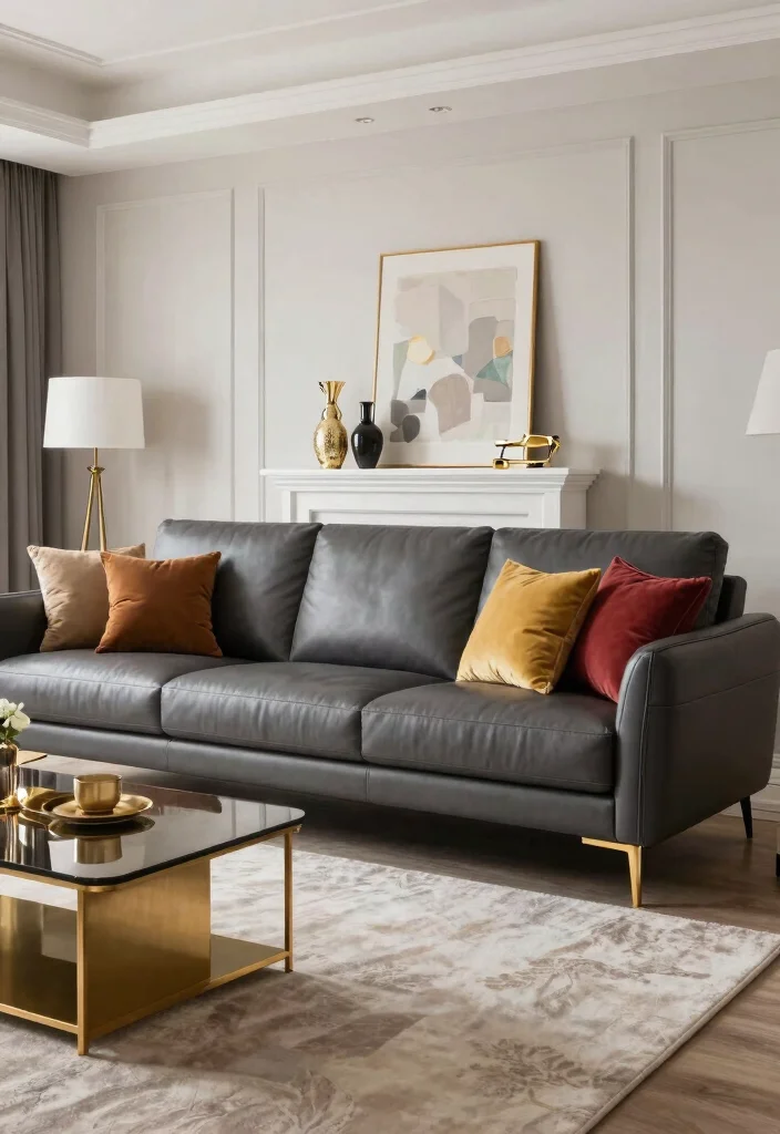 28 Leather Couch Living Room Ideas That Never Go Out of Style - 4. Modern Glam with Gold Accents 1