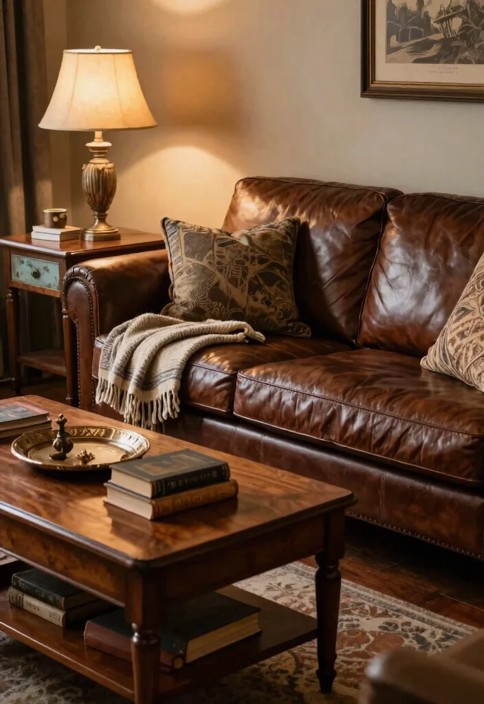 28 Leather Couch Living Room Ideas That Never Go Out of Style - 6. Vintage Touches with Antique Finds 1