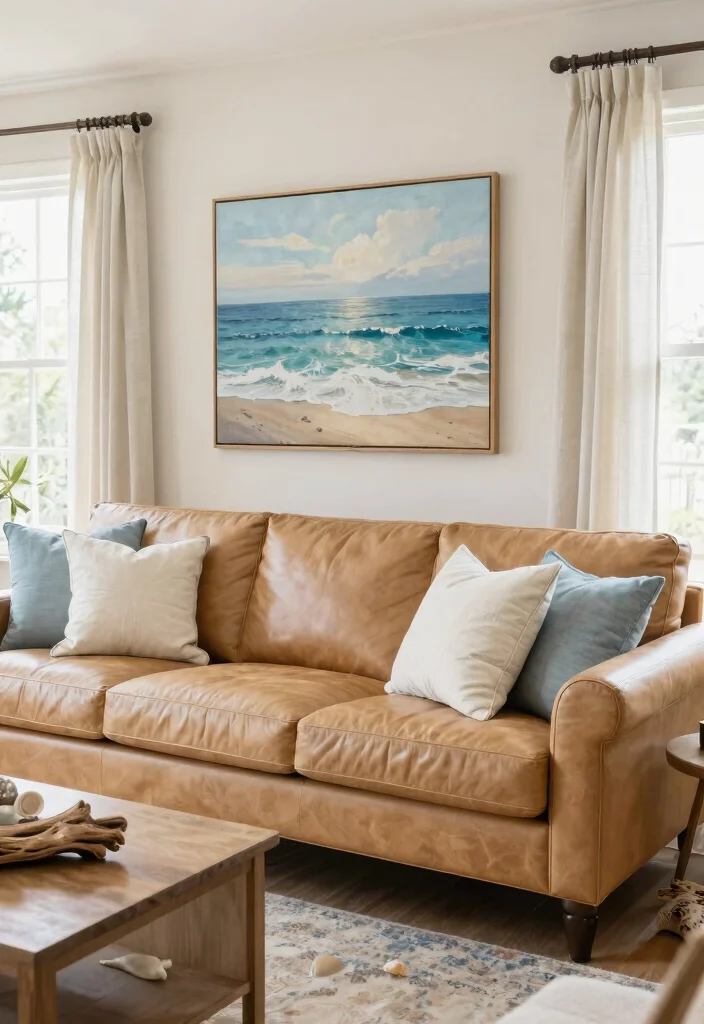 28 Leather Couch Living Room Ideas That Never Go Out of Style - 7. Coastal Living with Soft Blues 1