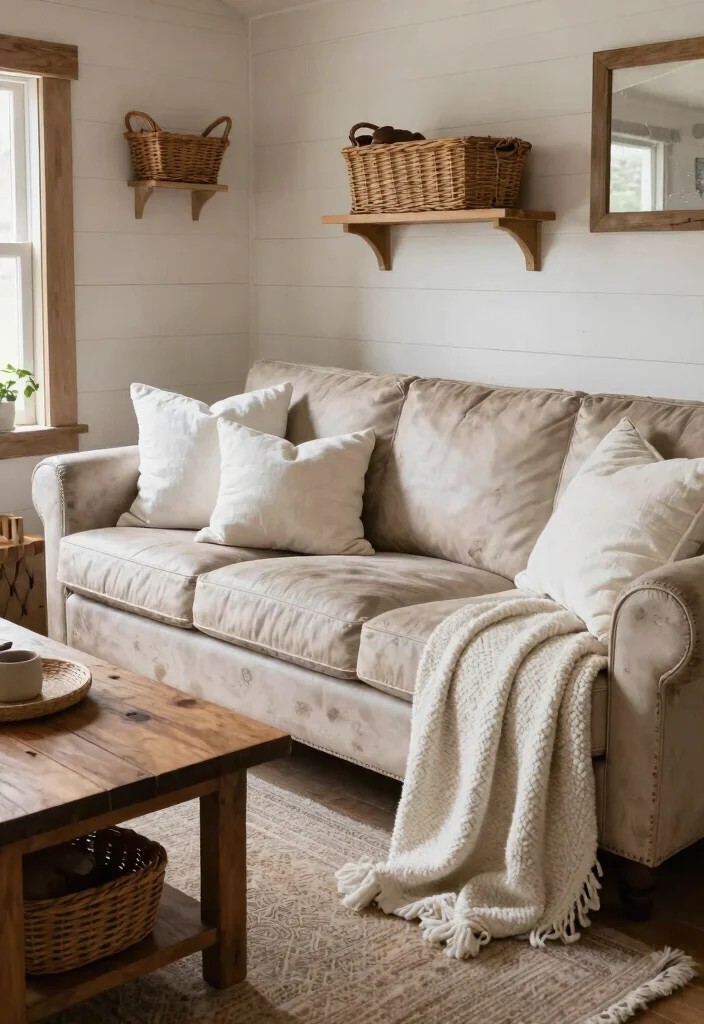 28 Leather Couch Living Room Ideas That Never Go Out of Style - 9. Farmhouse Cozy with Soft Whites 1