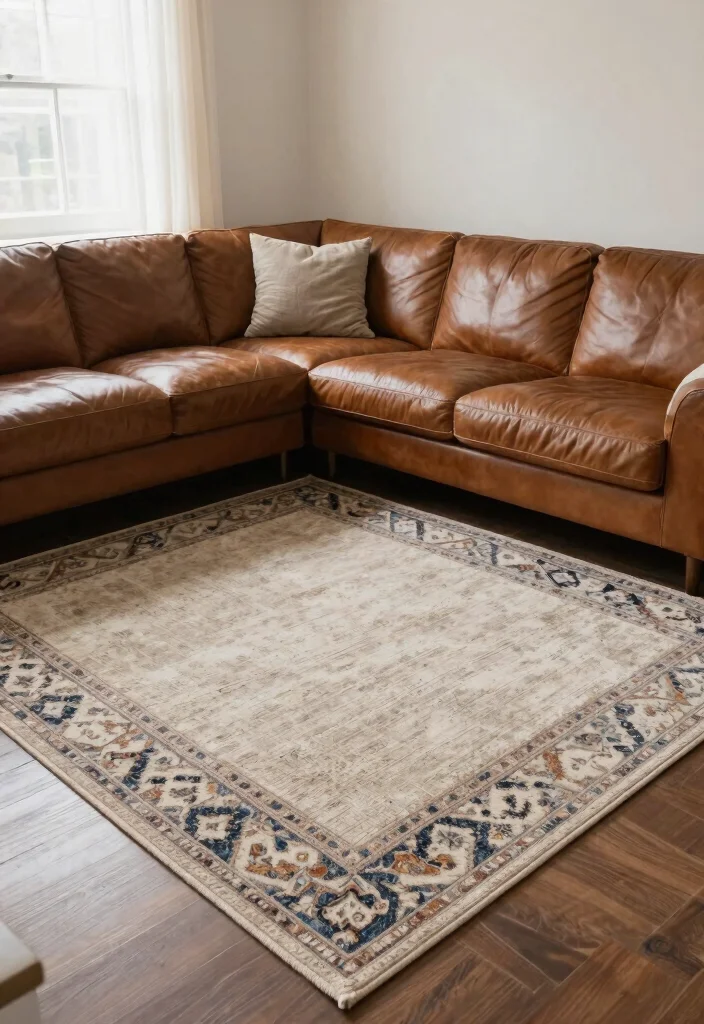 28 Leather Sectional Sofa Ideas That Redefine Cozy Living - 17. Layered Rugs for Comfort 1