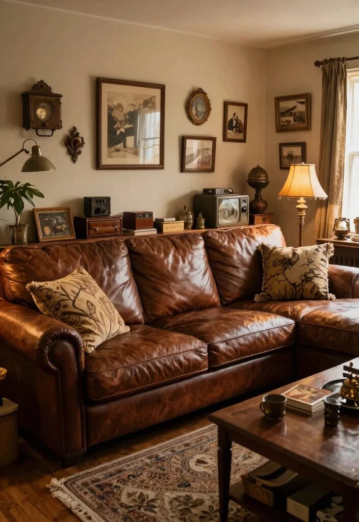 28 Leather Sectional Sofa Ideas That Redefine Cozy Living - 22. Family Heirlooms and Vintage Finds 1
