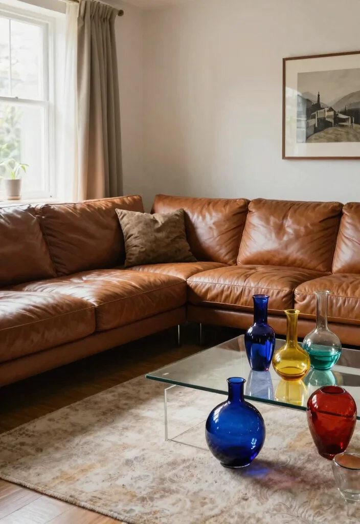 28 Leather Sectional Sofa Ideas That Redefine Cozy Living - 24. Colorful Glass Accents 1