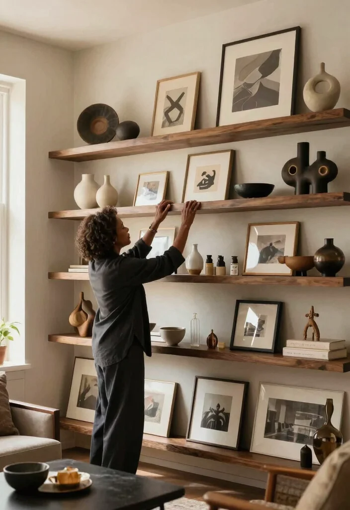 28 Living Room Shelf Ideas That Are Equal Parts Stylish and Functional - 16. Layering Artwork and Decor 1