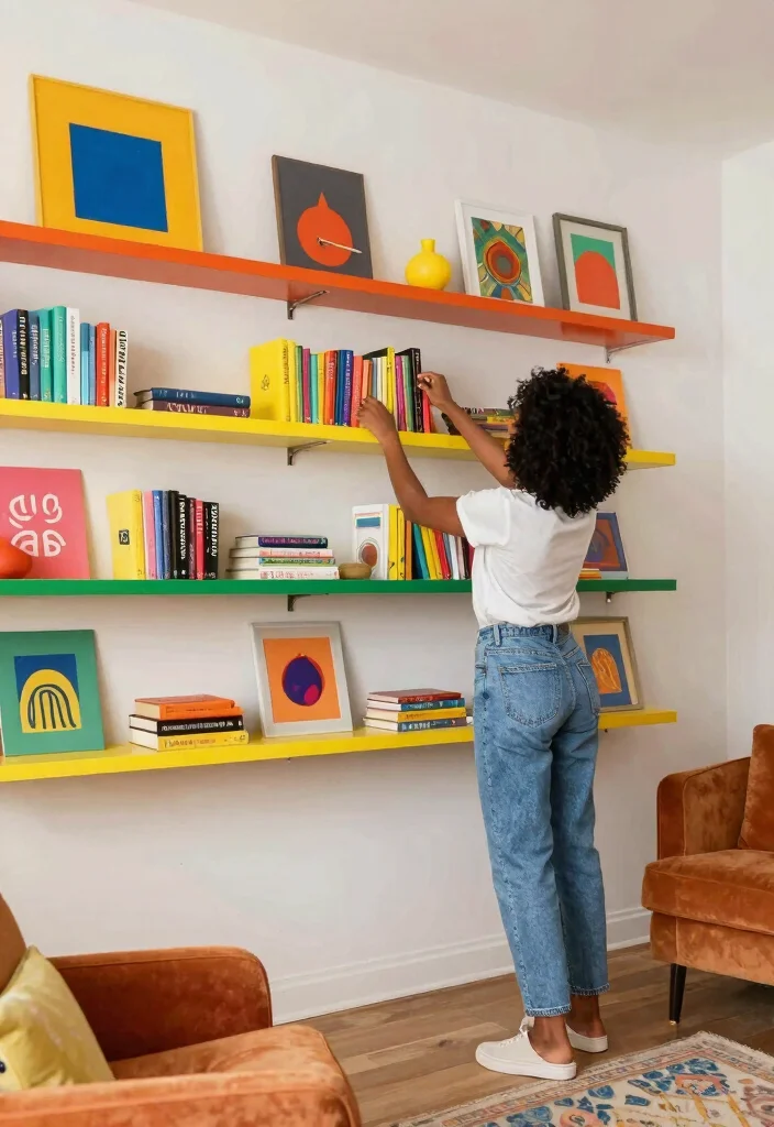 28 Living Room Shelf Ideas That Are Equal Parts Stylish and Functional - 25. Bold and Bright 1
