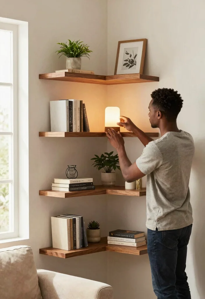 28 Living Room Shelf Ideas That Are Equal Parts Stylish and Functional - 4. Floating Corner Shelves 1