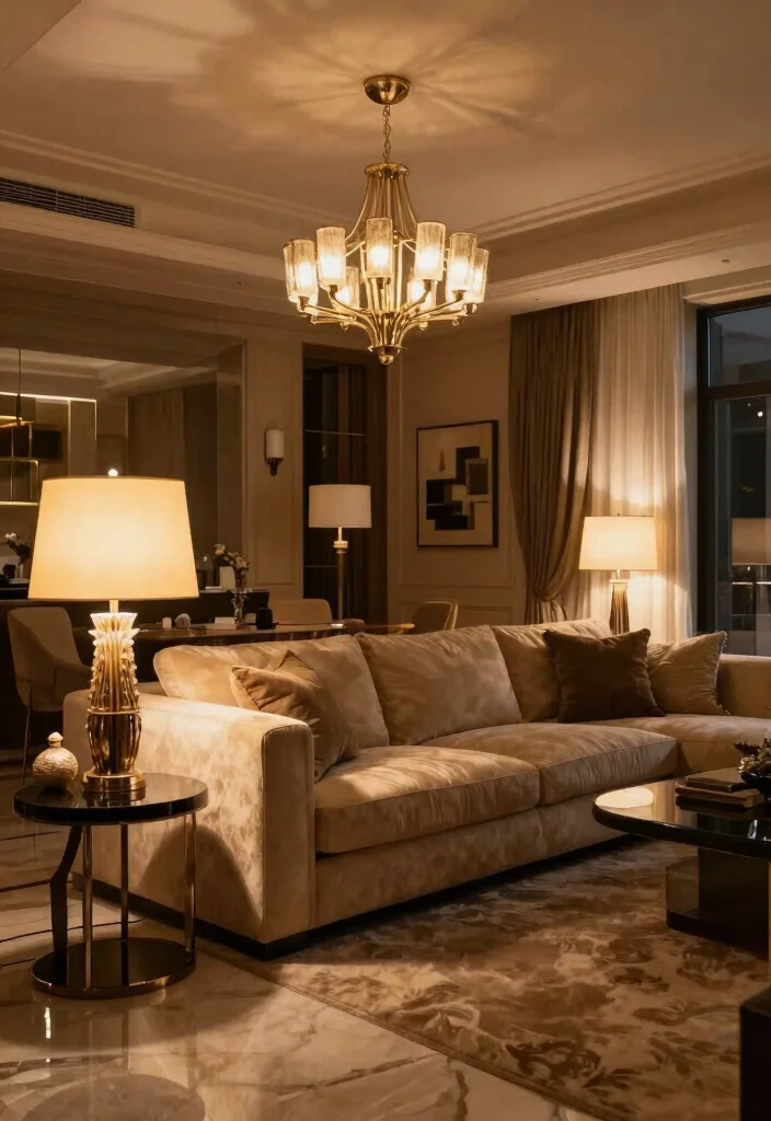 28 Luxury Sofa Living Room Ideas to Elevate Your Space - 16. Layered Lighting 1