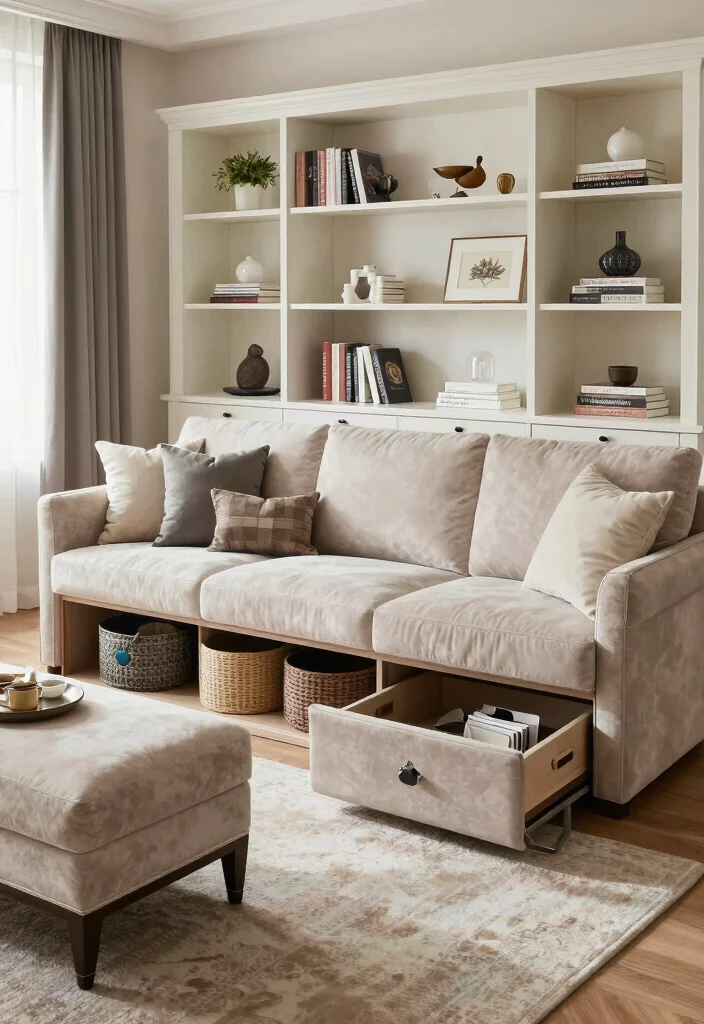 28 Luxury Sofa Living Room Ideas to Elevate Your Space - 25. Smart Storage Solutions 1