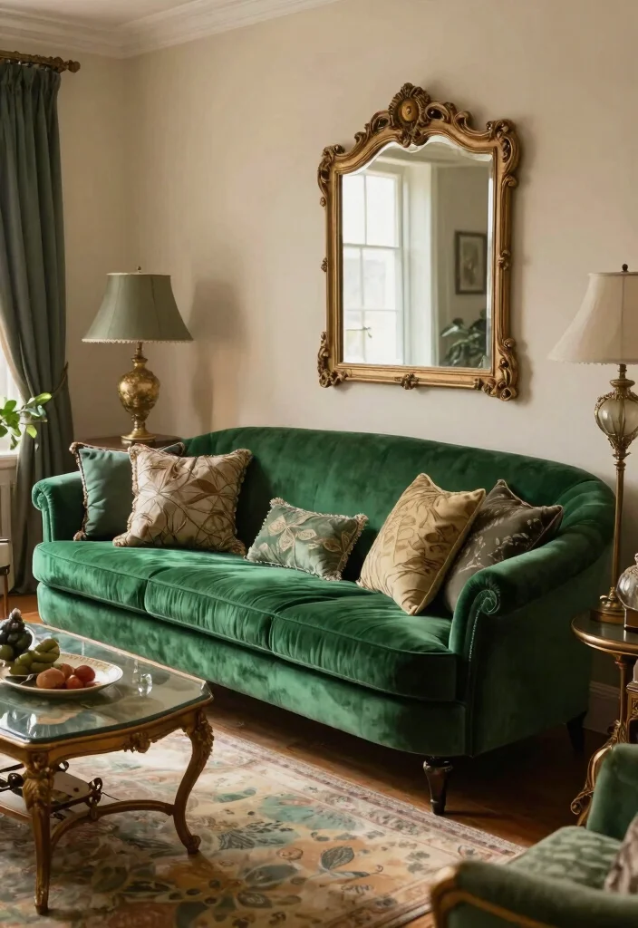 28 Luxury Sofa Living Room Ideas to Elevate Your Space - 8. Vintage Glam 1