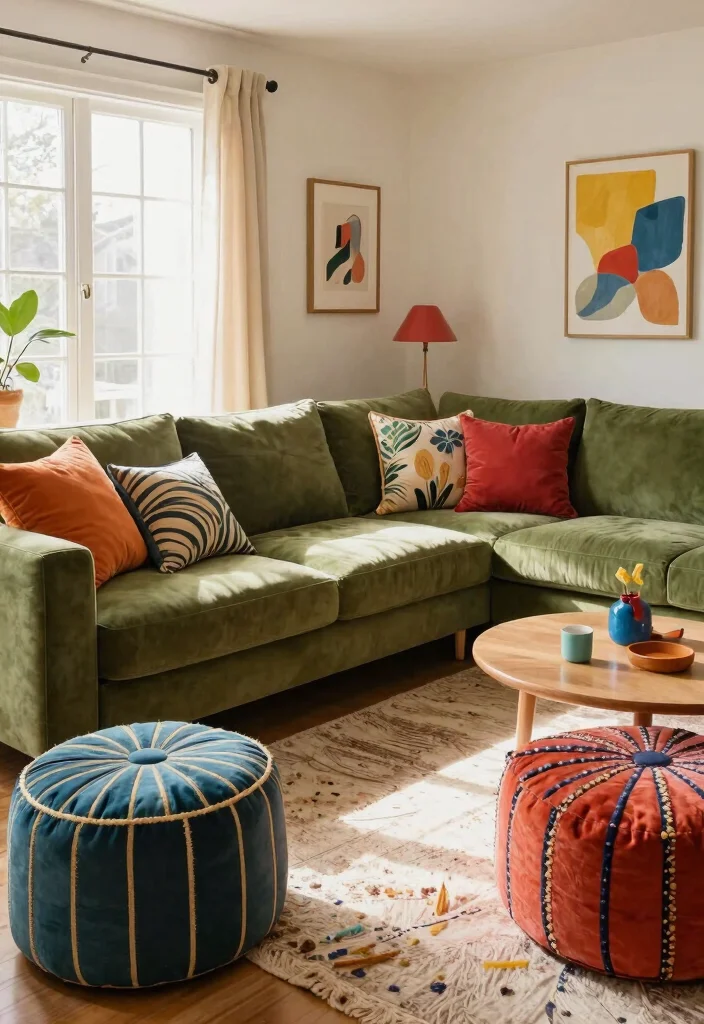 28 Olive Green Sofa Ideas That Look Stunning in Any Room - 11. Playful Poufs 1
