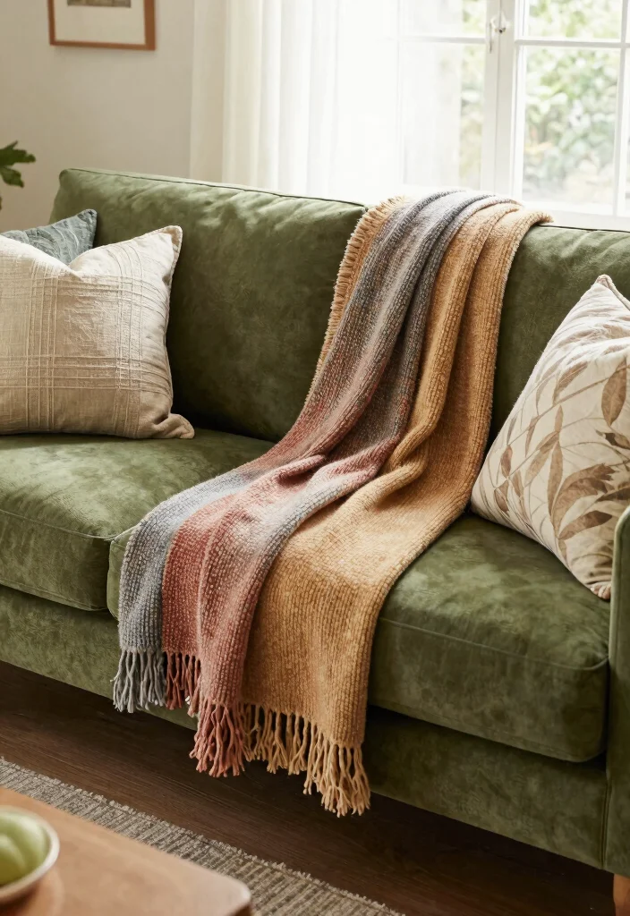28 Olive Green Sofa Ideas That Look Stunning in Any Room - 14. Colorful Throws 1