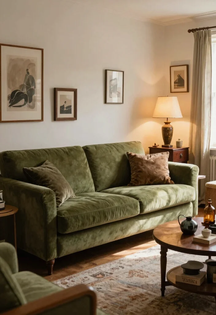 28 Olive Green Sofa Ideas That Look Stunning in Any Room - 15. Vintage Finds 1