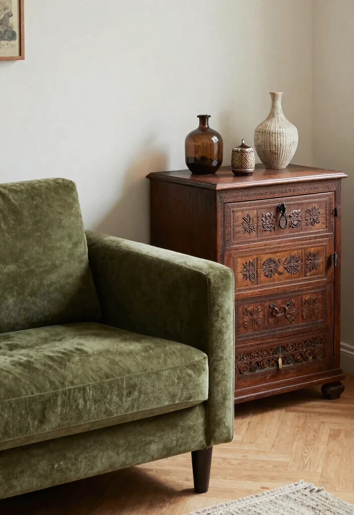 28 Olive Green Sofa Ideas That Look Stunning in Any Room - 16. Bohemian Chests and Tables 1