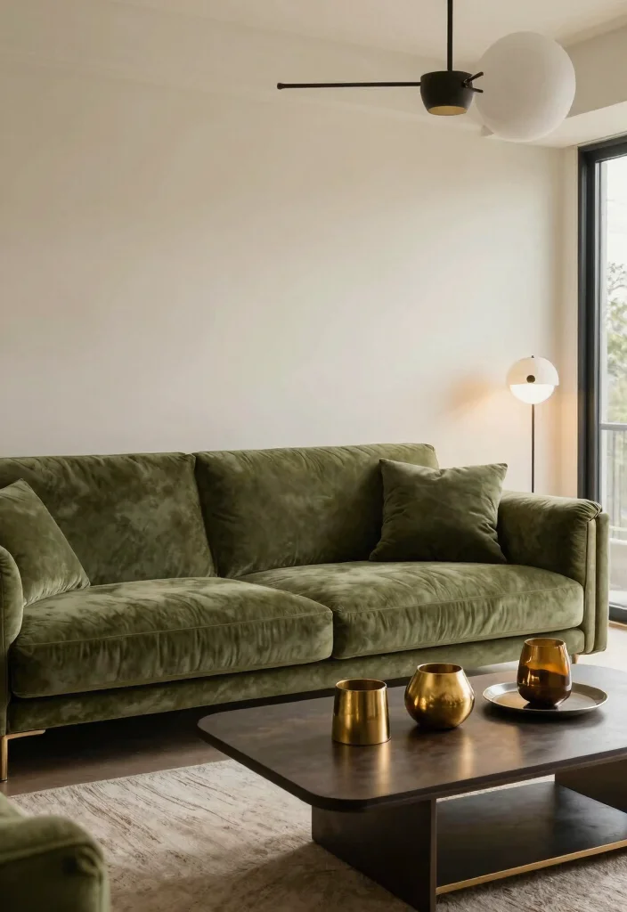28 Olive Green Sofa Ideas That Look Stunning in Any Room - 18. Bringing in Metallic Accents 1