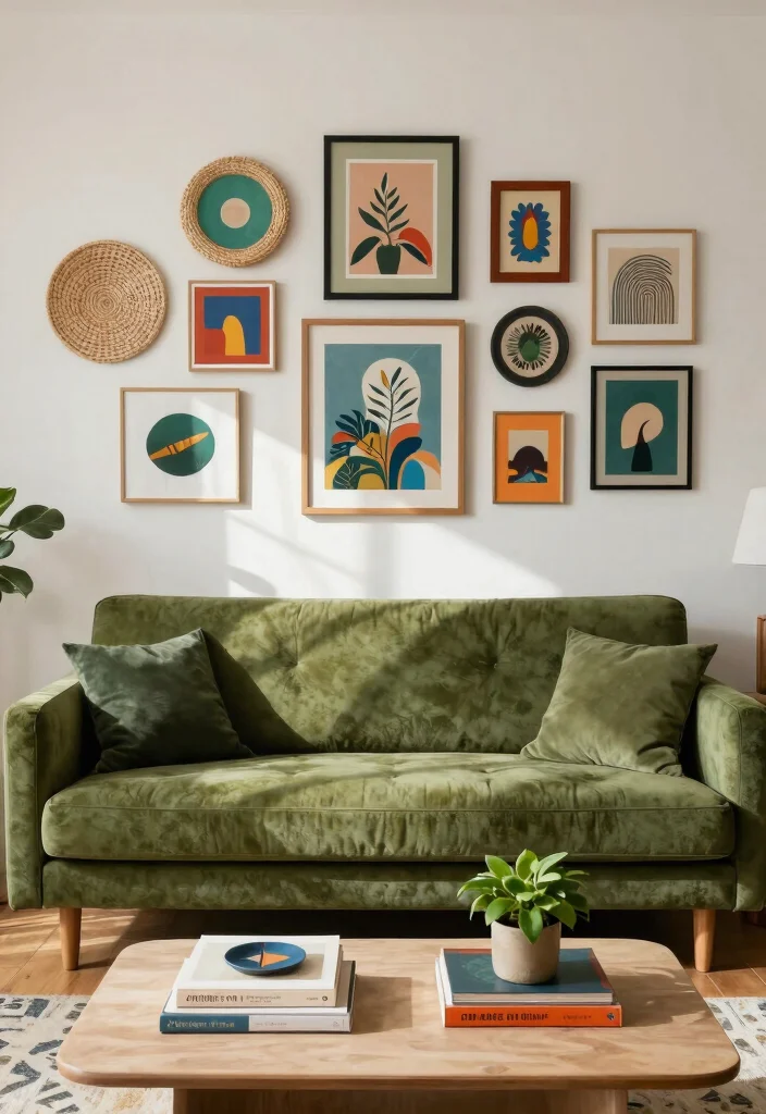 28 Olive Green Sofa Ideas That Look Stunning in Any Room - 2. Eclectic Gallery Wall 1