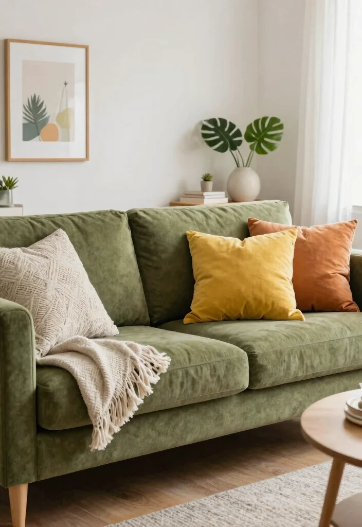 28 Olive Green Sofa Ideas That Look Stunning in Any Room - 20. Seasonal Decor Swaps 1