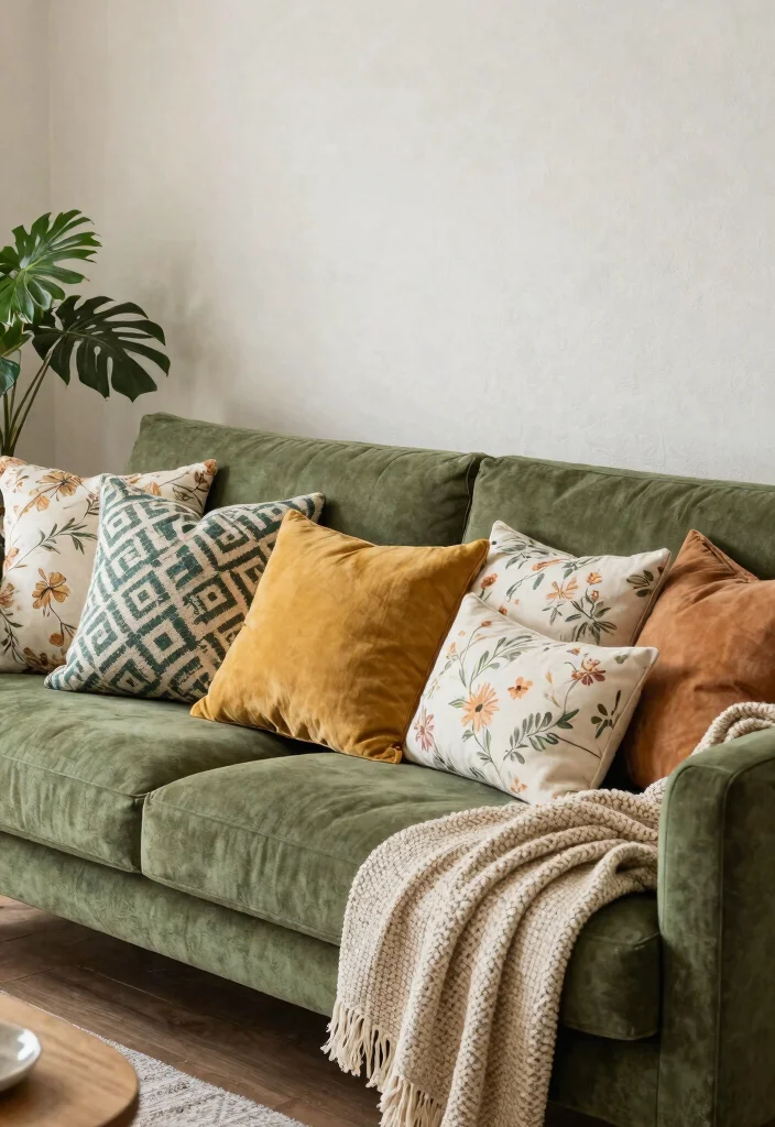 28 Olive Green Sofa Ideas That Look Stunning in Any Room - 3. Warm Accent Pillows 1