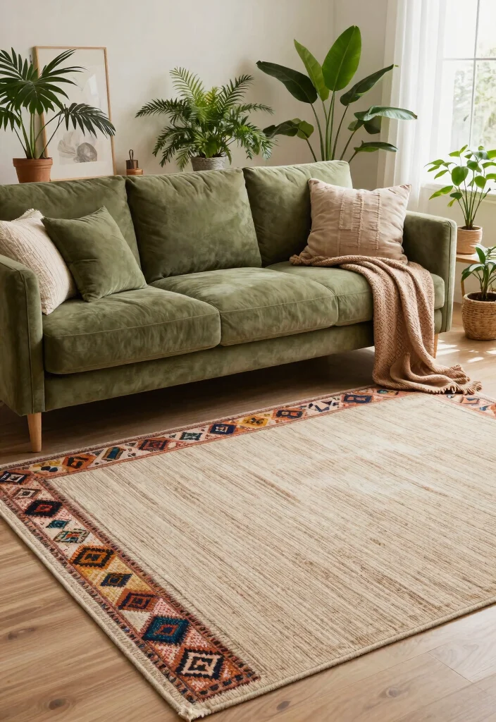 28 Olive Green Sofa Ideas That Look Stunning in Any Room - 4. Layered Rugs for Texture 1