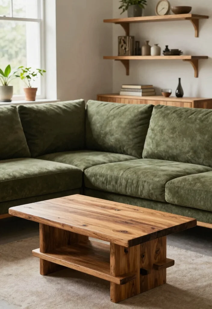 28 Olive Green Sofa Ideas That Look Stunning in Any Room - 5. Mixing Wood Accents 1