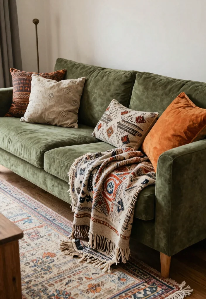 28 Olive Green Sofa Ideas That Look Stunning in Any Room - 9. Bohemian Textiles 1