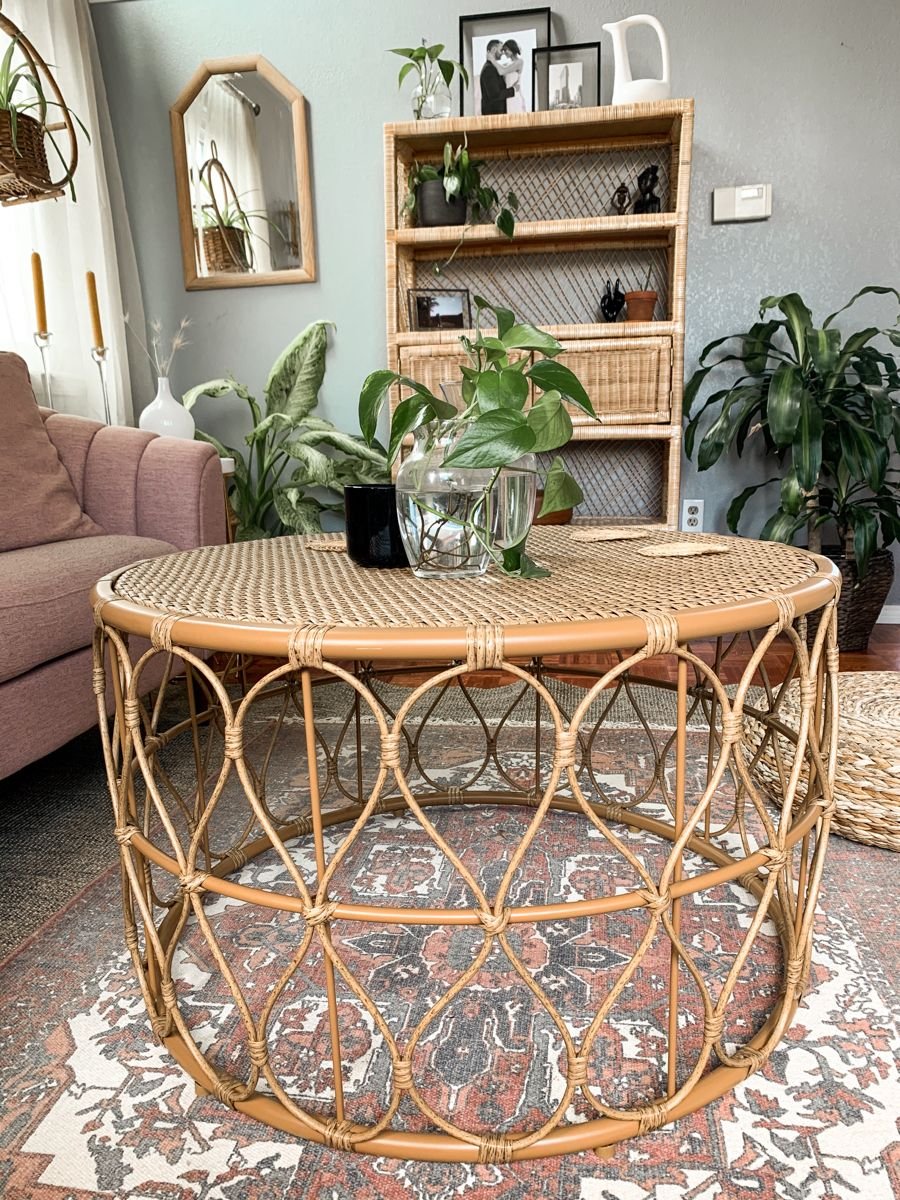 28 Rattan Coffee Table Ideas for a Boho Living Room - 10. Outdoor Rattan Coffee Table for a Boho Patio 1