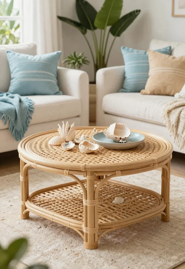 28 Rattan Coffee Table Ideas for a Boho Living Room - 13. Coastal Boho Rattan Coffee Table 1