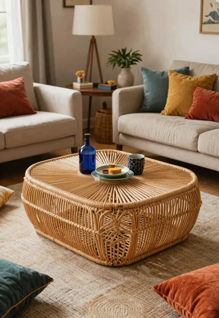 28 Rattan Coffee Table Ideas for a Boho Living Room - 14. Geometric Rattan Coffee Table for an Eclectic Touch 1