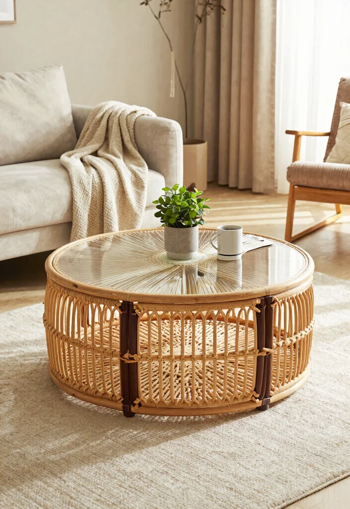 28 Rattan Coffee Table Ideas for a Boho Living Room - 15. Two-Tone Rattan Coffee Table Design 1