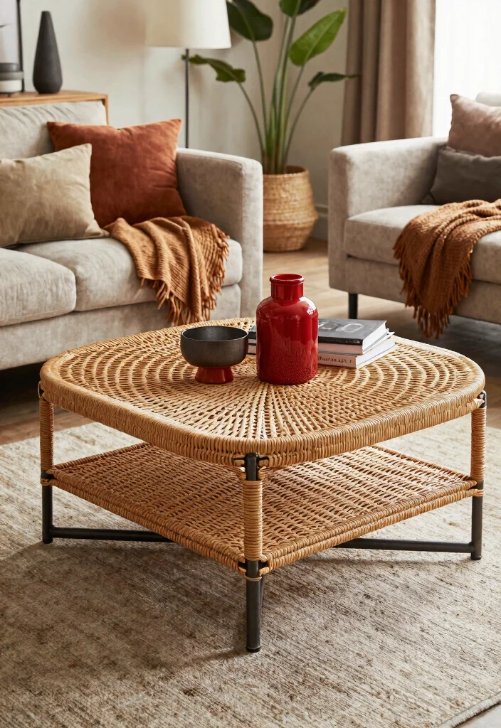 28 Rattan Coffee Table Ideas for a Boho Living Room - 17. Rattan Coffee Table with an Industrial Twist 1