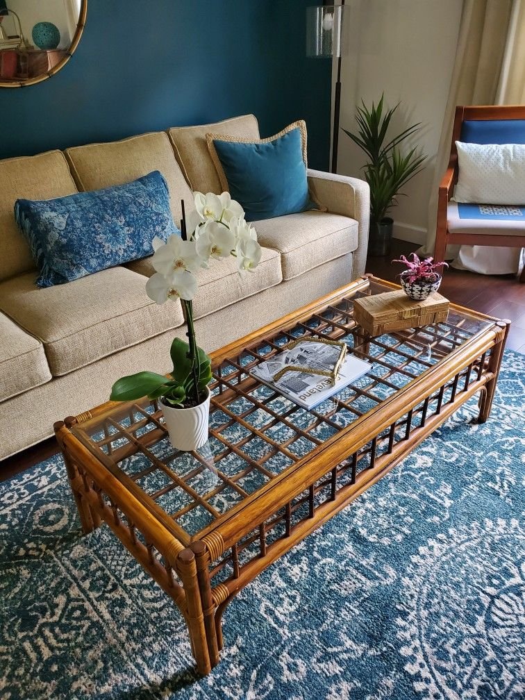 28 Rattan Coffee Table Ideas for a Boho Living Room - 18. Rattan Coffee Table with Decorative Trays 1
