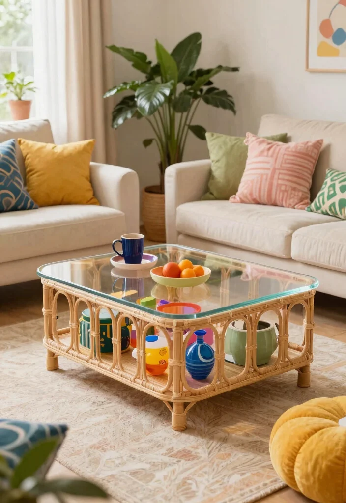 28 Rattan Coffee Table Ideas for a Boho Living Room - 19. Translucent Rattan Coffee Table with a Pop of Color 1