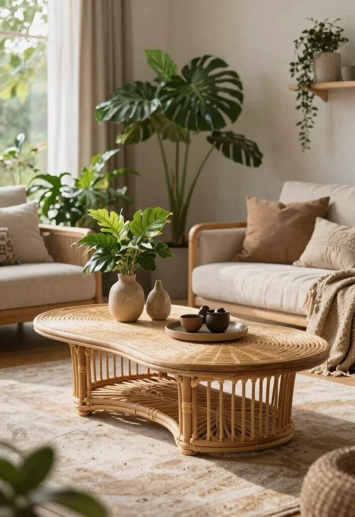 28 Rattan Coffee Table Ideas for a Boho Living Room - 21. Rattan Coffee Table Inspired by Nature 1