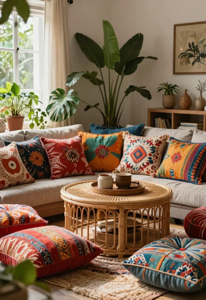 28 Rattan Coffee Table Ideas for a Boho Living Room - 22. Bohemian Style Rattan Coffee Table with Decorative Pillows 1