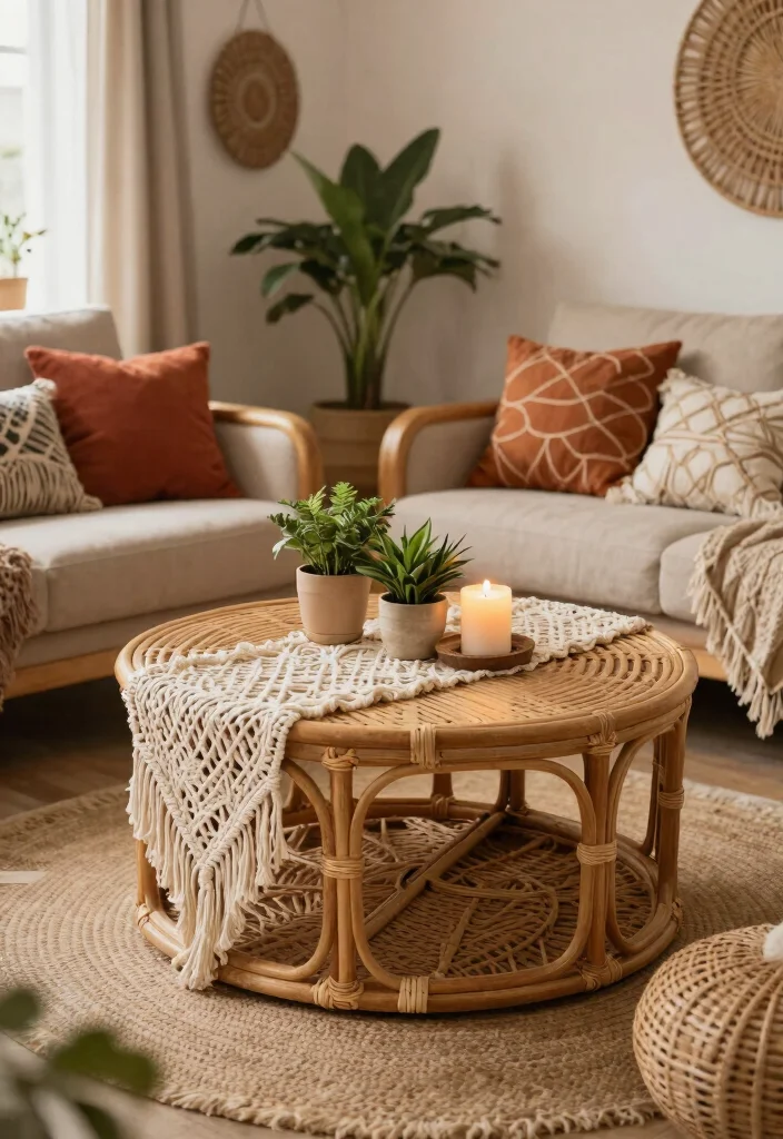 28 Rattan Coffee Table Ideas for a Boho Living Room - 23. Rattan Coffee Table with a Macramé Touch 1