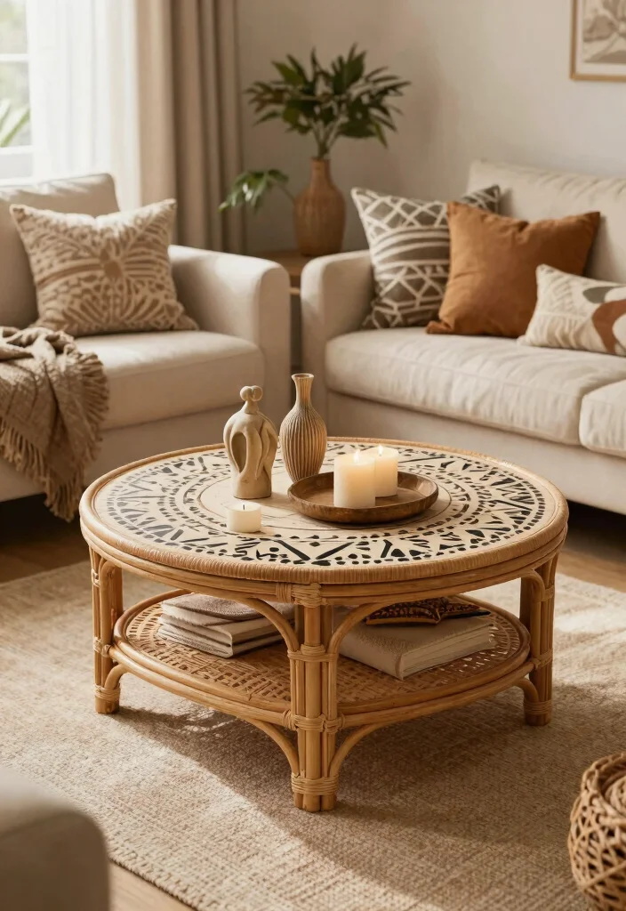 28 Rattan Coffee Table Ideas for a Boho Living Room - 24. Rattan Coffee Table with a Boho Chic Flair 1
