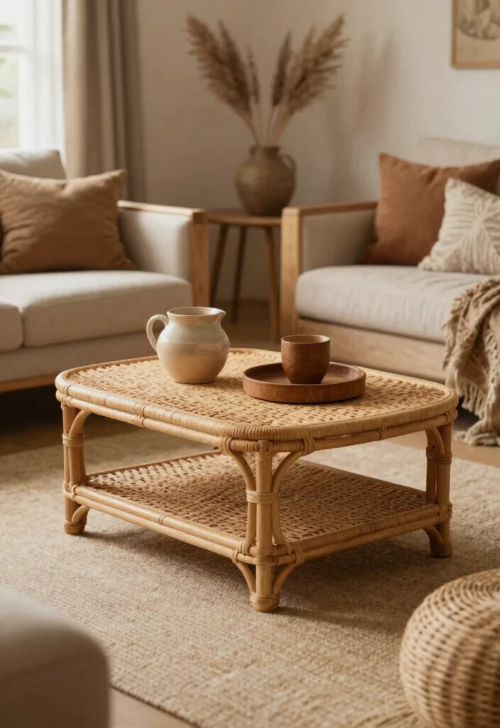 28 Rattan Coffee Table Ideas for a Boho Living Room - 26. Rattan Coffee Table with Earthy Accents 1