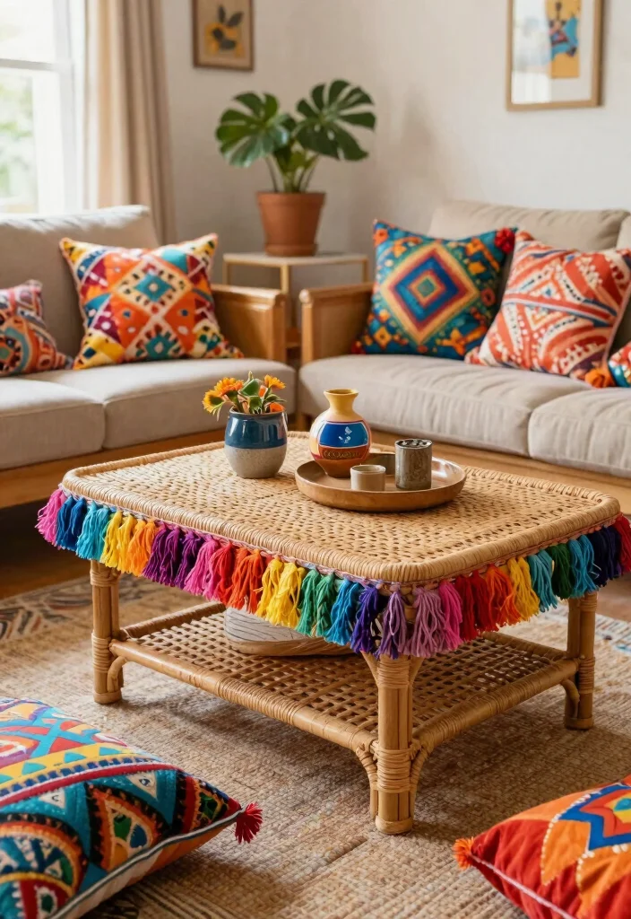 28 Rattan Coffee Table Ideas for a Boho Living Room - 27. Rattan Coffee Table with Colorful Fringes 1
