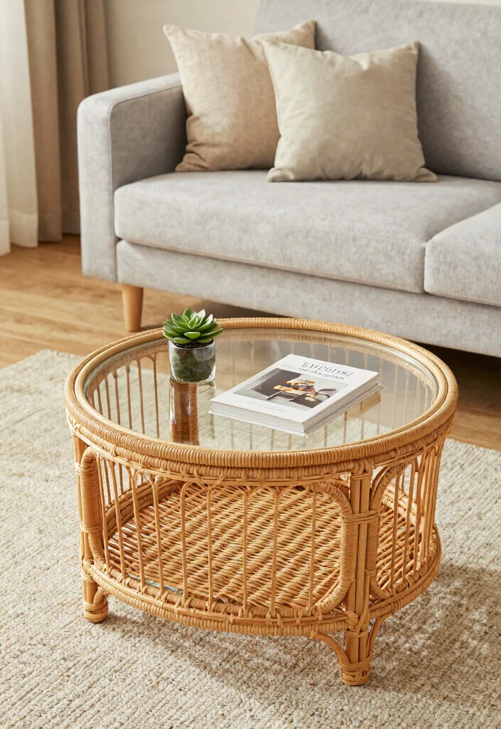 28 Rattan Coffee Table Ideas for a Boho Living Room - 3. Minimalist Rattan Coffee Table with a Glass Top 1