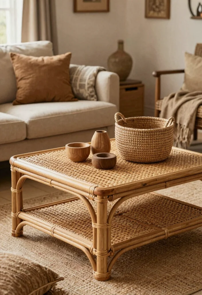 28 Rattan Coffee Table Ideas for a Boho Living Room - 6. Rustic Rattan Coffee Table with a Natural Finish 1
